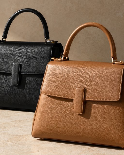 Tan structured top-handle bag with flap and tab closure