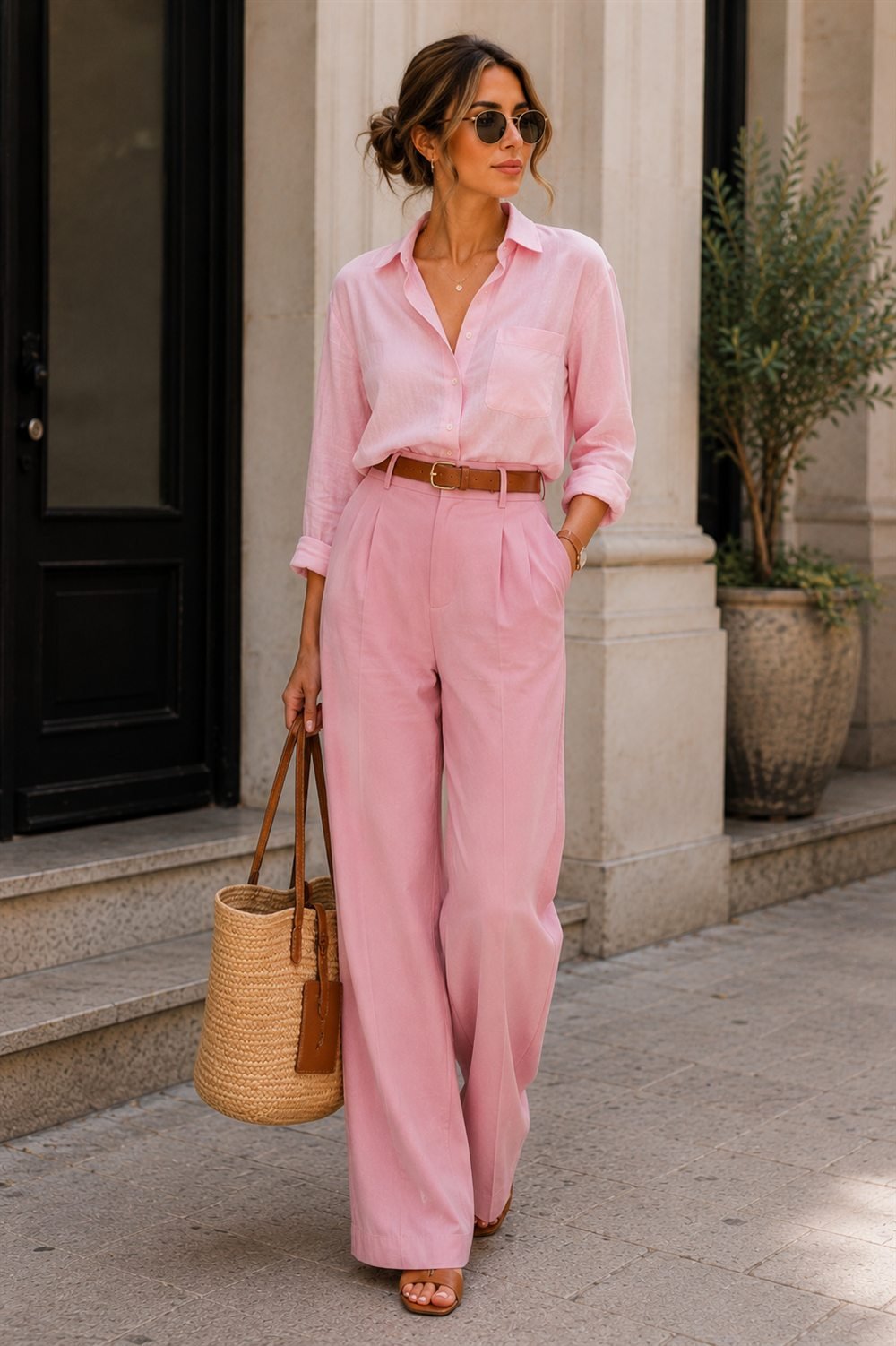 Woven straw tote styled with a pink shirt and pink trousers